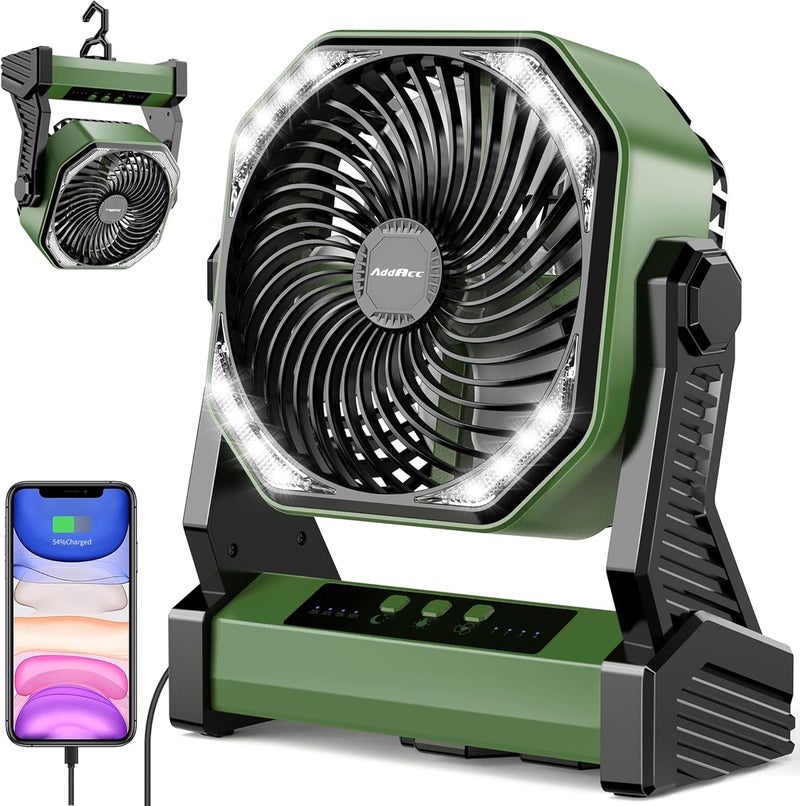 AddAcc 20000mAh Camping Fan, Rechargeable Battery Operated with 360° Rotatable Hook, 400 Lumes Light, 270° Pivot, 4 Speeds, 58Hrs Battery Powered Fan for Outdoor Tent Car Trip BBQ Hurricane Power Outages - Image 1